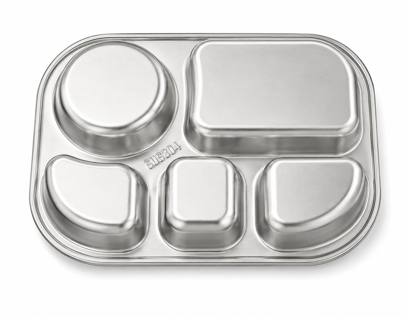 Underside of the stainless divided tray showing the five moulded compartments