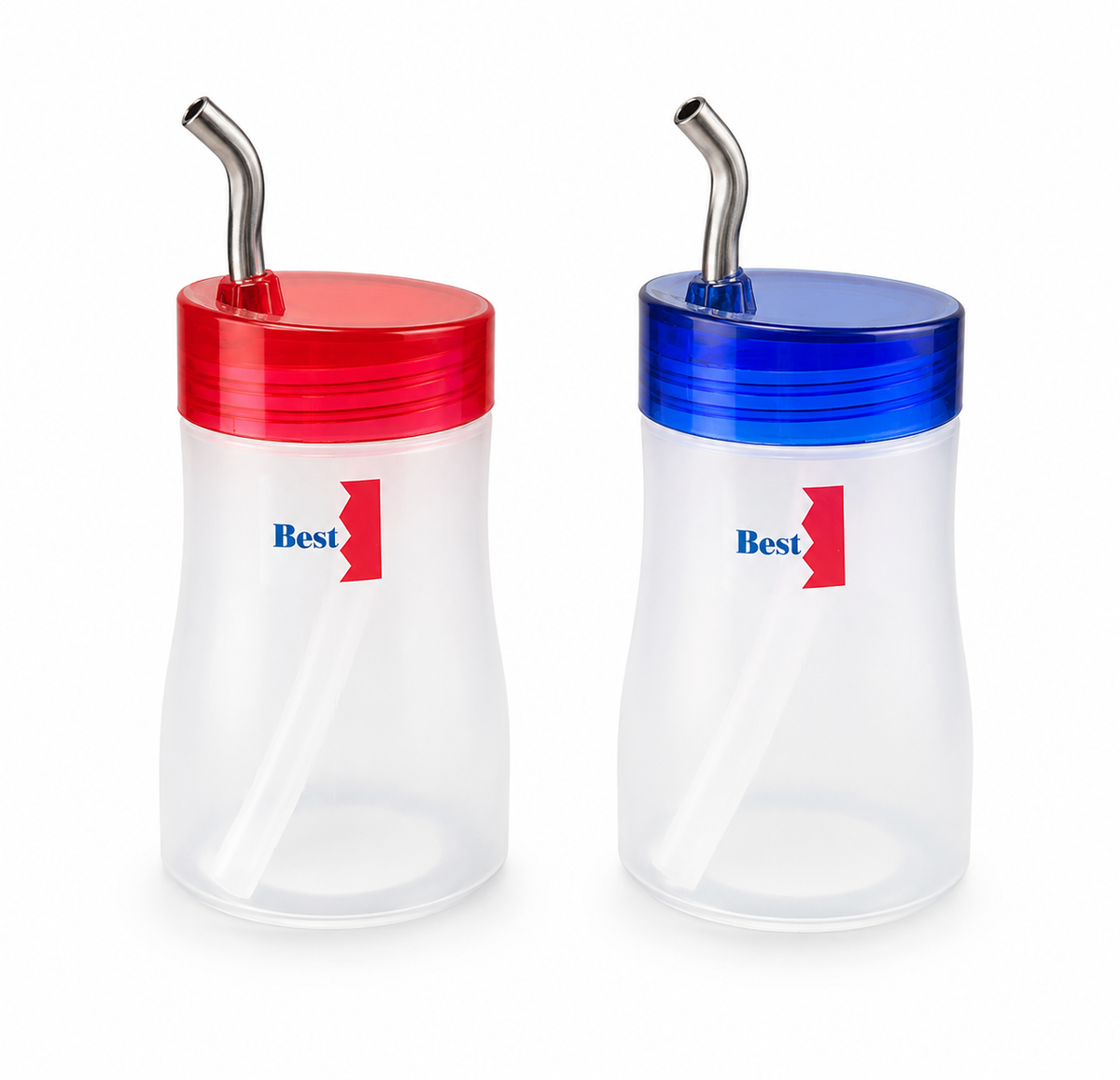양념병 sauce and oil dispenser bottles with bent stainless spouts, red and blue caps