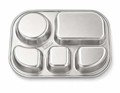 Underside of the stainless divided tray showing the five moulded compartments