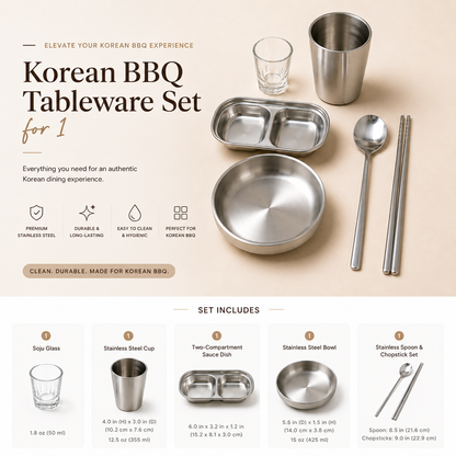 Korean BBQ Table Setting Starter Kit — stainless steel soju glass, cup, bowl, sauce dish, spoon and chopsticks
