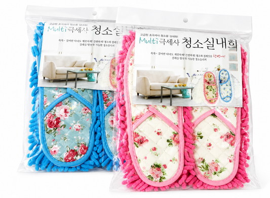 Korean microfiber cleaning slippers (청소 실내화) with chenille mop soles, blue and pink