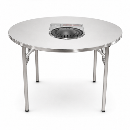 MARU round stainless steel Korean BBQ grill table with the drop-in butane gas roaster and control panel