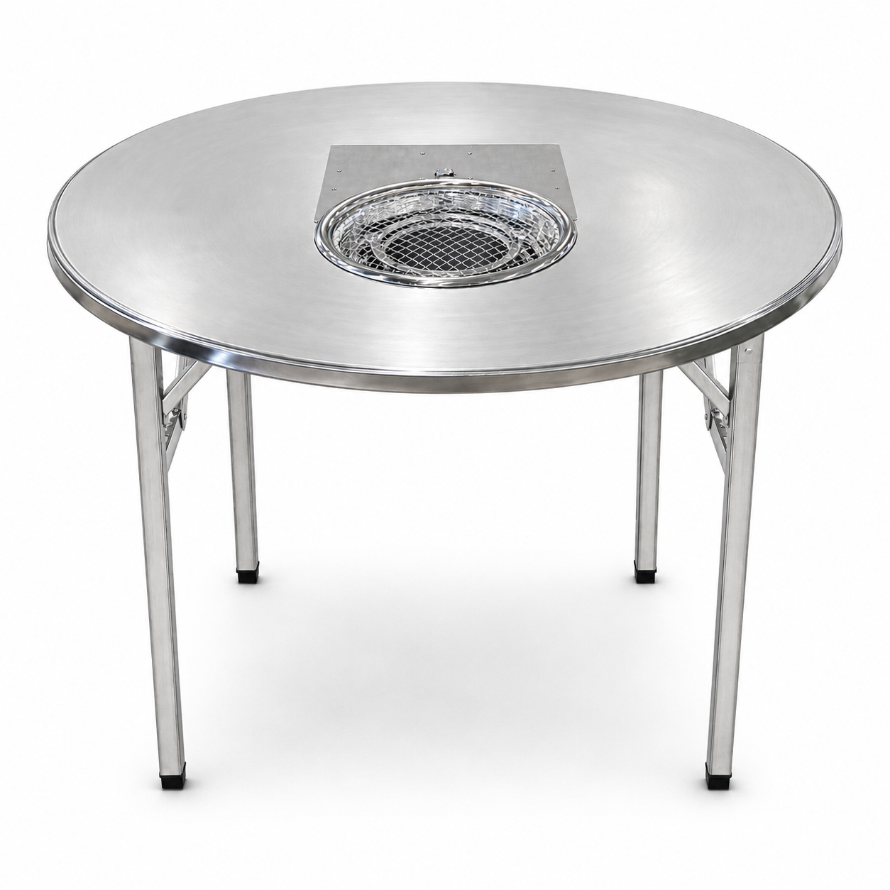 MARU round stainless steel Korean BBQ grill table with the drop-in charcoal insert and wire mesh grate