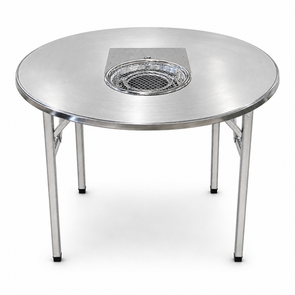 MARU round stainless steel Korean BBQ grill table with the drop-in charcoal insert and wire mesh grate