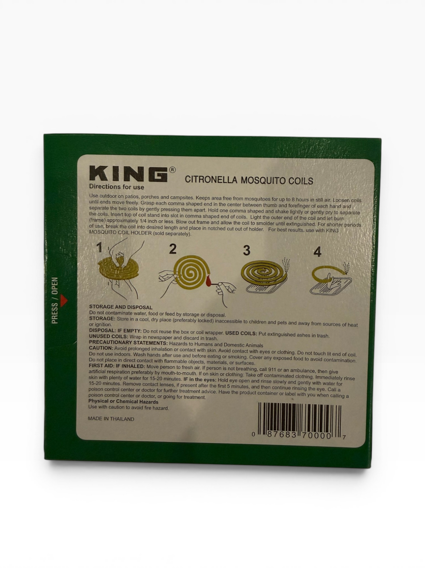 KING Citronella Mosquito Coils back panel with directions for use, storage, and precautionary statements