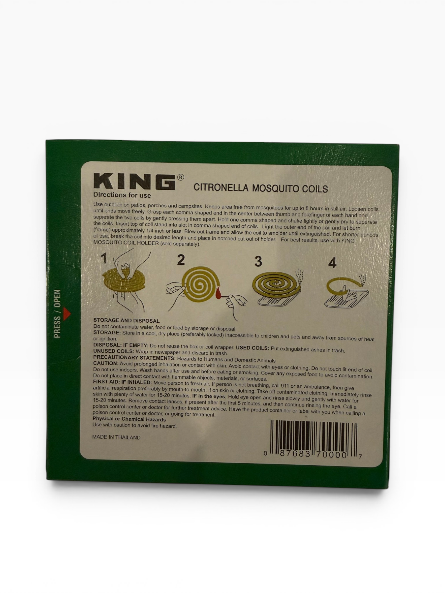 KING Citronella Mosquito Coils back panel with directions for use, storage, and precautionary statements