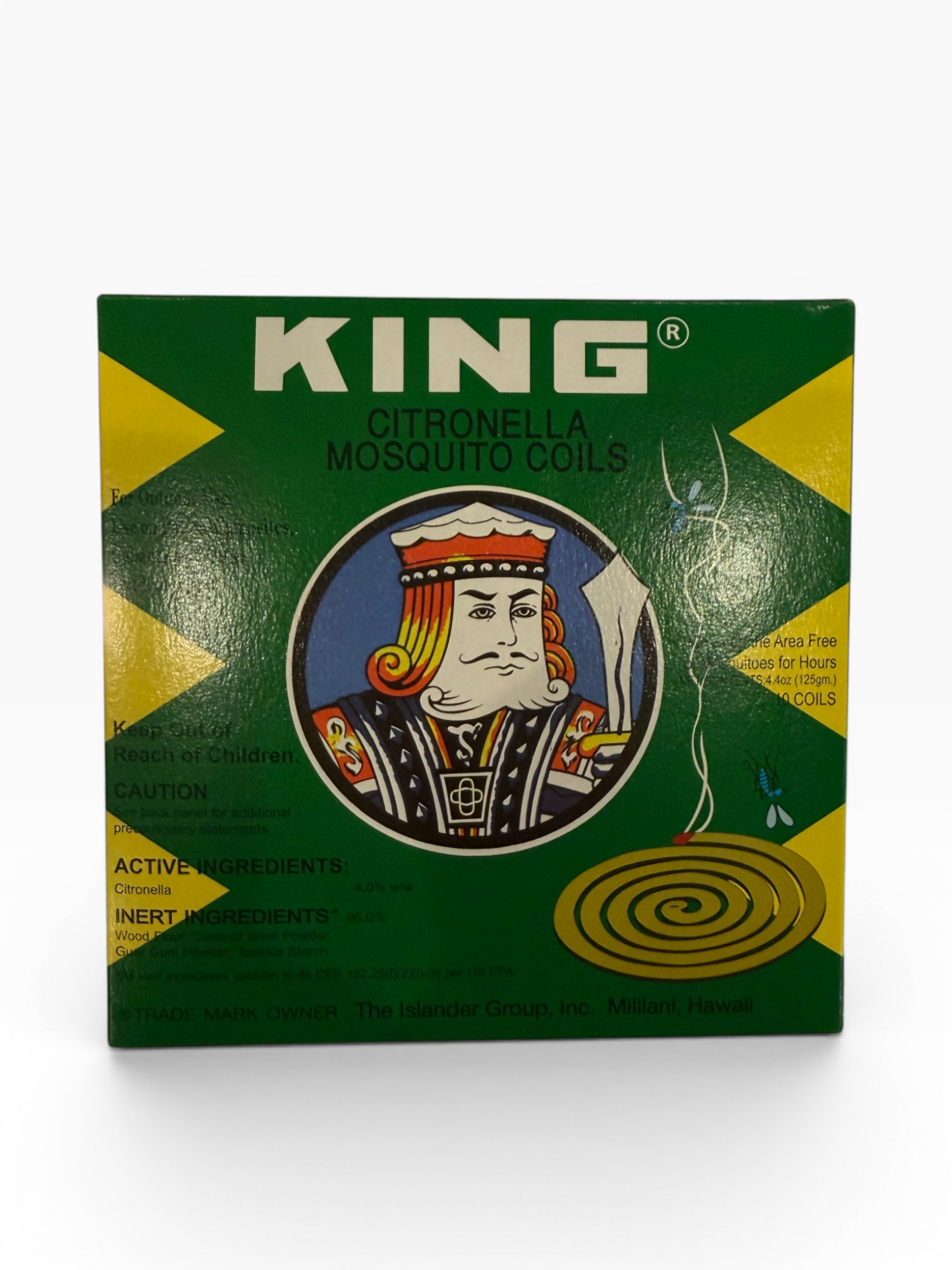 KING Citronella Mosquito Coils green box front, 10 coils, citronella 4% active ingredient
