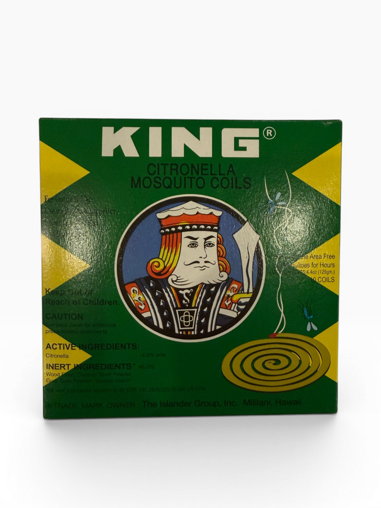 KING Citronella Mosquito Coils green box front, 10 coils, citronella 4% active ingredient