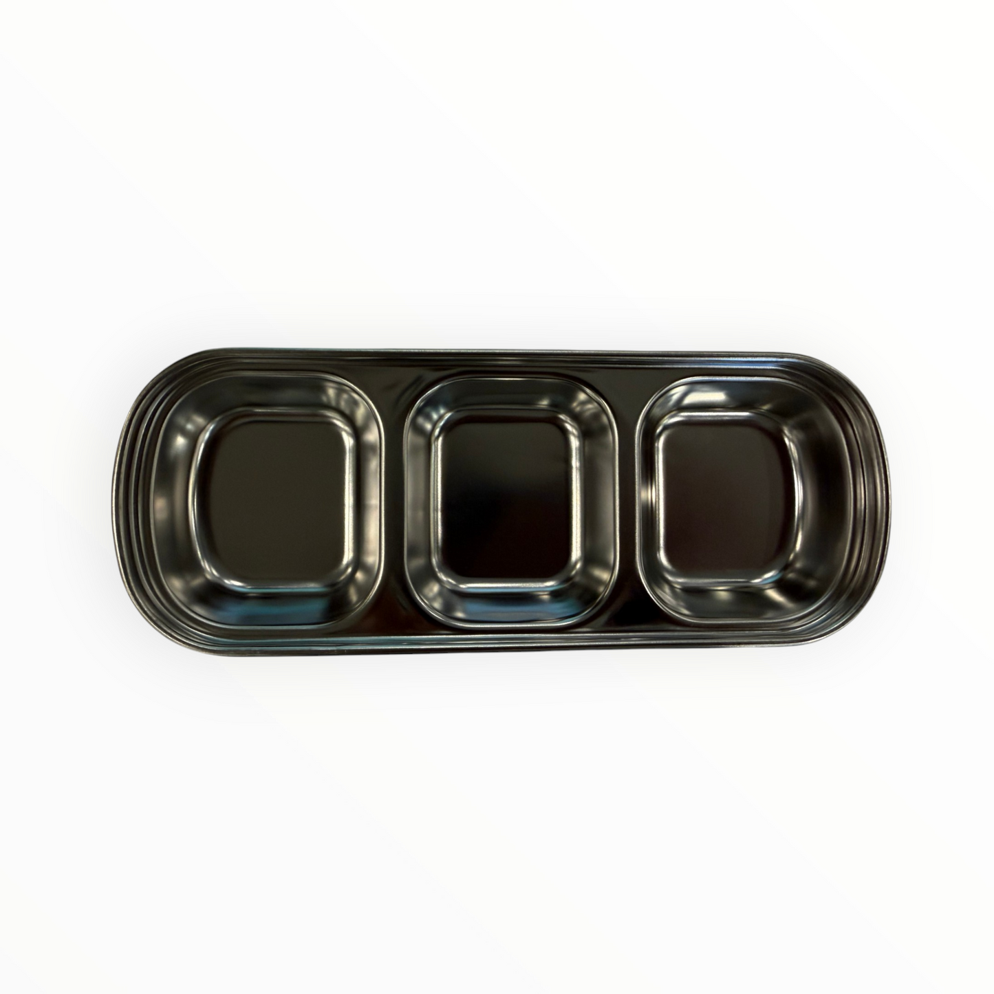 Stainless steel 3-compartment Korean sauce dish, top view