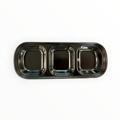 Stainless steel 3-compartment Korean sauce dish, top view