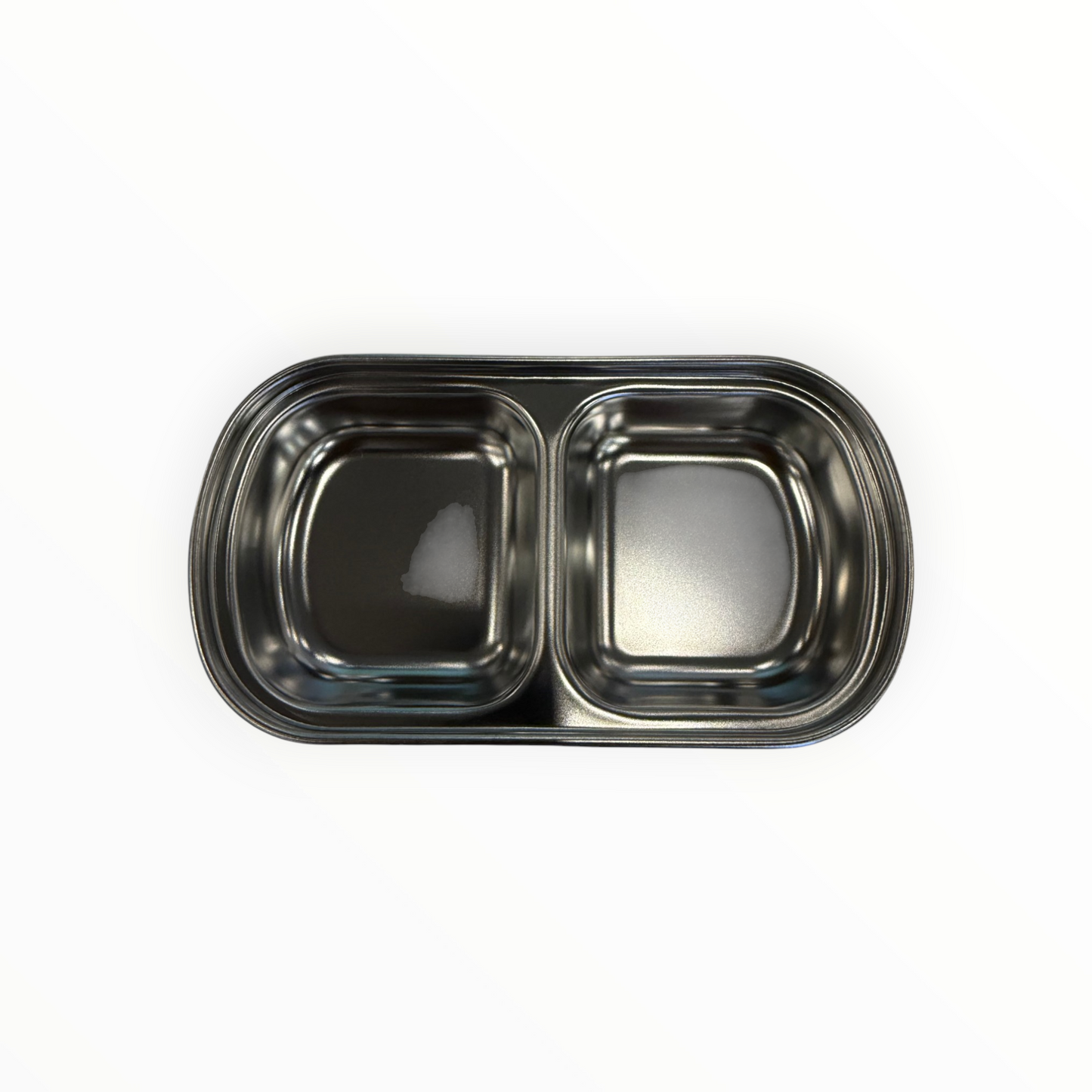 Stainless steel 2-compartment Korean sauce dish, top view
