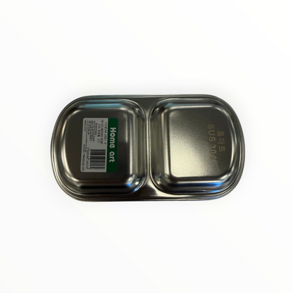 2-compartment sauce dish underside showing Home Art label and SUS 304 stainless steel marking