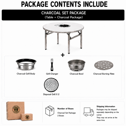 MARU Charcoal Set contents: folding table, charcoal grill body, bowl, burning plate and grill changer, ships in 2 boxes