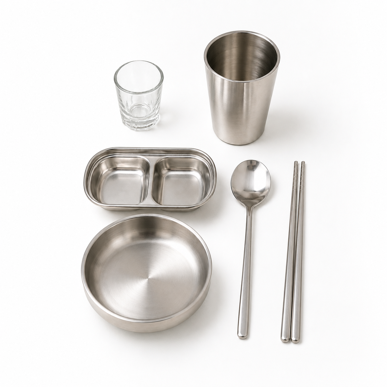 Korean BBQ Table Setting Starter Kit — stainless steel soju glass, cup, bowl, sauce dish, spoon and chopsticks