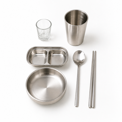 Korean BBQ Table Setting Starter Kit — stainless steel soju glass, cup, bowl, sauce dish, spoon and chopsticks